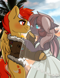 Size: 1062x1370 | Tagged: safe, artist:cottonsweets, oc, oc:efflorescence, oc:sanguine sky, bat pony, pegasus, pony, bat pony oc, bat wings, beach, bomber jacket, clothes, couple, dress, duo, female, jacket, male, mare, marriage, oc x oc, palm tree, pegasus oc, shipping, stallion, tree, veil, wedding, wedding dress, wedding veil, wings