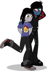 Size: 2021x3067 | Tagged: safe, artist:stellardusk, equestria girls, arm behind head, belt, blushing, boots, bring me the horizon, clothes, commission, disguise, disguised siren, drop dead clothing, equestria girls-ified, gay, hand on shoulder, hands behind back, hoodie, jeans, jewelry, kellin quinn, lip piercing, looking at each other, male, necklace, oliver sykes, paint bottle, paint stains, pants, piercing, raised leg, ripped jeans, shipping, shirt, shoes, simple background, sleeping with sirens, smiling, t-shirt, tattoo, transparent background, undershirt
