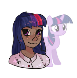 Size: 621x629 | Tagged: safe, artist:hannatsunari, twilight sparkle, twilight sparkle (alicorn), alicorn, human, pony, clothes, dark skin, female, humanized, mare, shirt, simple background, solo, white background