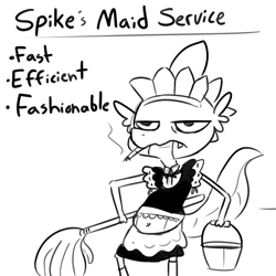 Size: 2250x2250 | Tagged: safe, artist:tjpones, part of a set, spike, dragon, belly button, black and white, bucket, cigarette, clothes, crossdressing, grayscale, maid, maid headdress, monochrome, mop, simple background, smoking, solo, white background