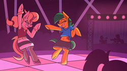 Size: 3840x2160 | Tagged: safe, artist:cowsrtasty, oc, oc:blocky bits, oc:melody bash, earth pony, pony, unicorn, clothes, club, commission, concert, dancing, detailed background, earth pony oc, happy, horn, nightclub, rave, stage, unicorn oc