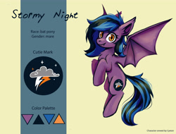 Size: 5000x3800 | Tagged: safe, artist:amy-gamy, oc, oc only, oc:stormy night, bat pony, bat pony oc, bat wings, cutie mark, happy, night, oc batpony, purple, reference sheet, simple, simple background, smiling, wings