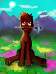 Size: 2121x2828 | Tagged: safe, artist:melod-va, artist:melodybell, oc, oc only, oc:mars miner, day, mountain, mouth hold, pickaxe, scenery, solo