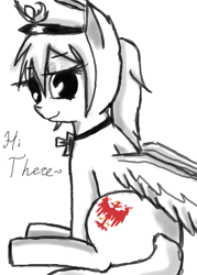 Size: 500x700 | Tagged: safe, artist:askponybrandenburg, pegasus, pony, brandenburg, female, hat, hetalia, jewelry, mare, necklace, partial color, ponified, solo