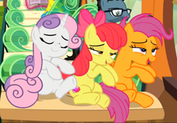 Size: 844x589 | Tagged: safe, screencap, apple bloom, scootaloo, sweetie belle, earth pony, pegasus, pony, unicorn, growing up is hard to do, bedroom eyes, cropped, cutie mark, cutie mark crusaders, eyes closed, friendship express, lidded eyes, older, older apple bloom, older cmc, older scootaloo, older sweetie belle, sitting, smiling, the cmc's cutie marks, train, trio