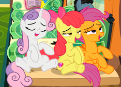 Size: 845x611 | Tagged: safe, screencap, apple bloom, scootaloo, sweetie belle, earth pony, pegasus, pony, unicorn, growing up is hard to do, bedroom eyes, cropped, cutie mark, cutie mark crusaders, eyes closed, friendship express, lidded eyes, older, older apple bloom, older cmc, older scootaloo, older sweetie belle, open mouth, sitting, the cmc's cutie marks, train, trio