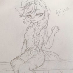 Size: 1080x1080 | Tagged: safe, artist:mayguay, derpibooru import, applejack, anthro, earth pony, braid, clothes, female, hat, lineart, shorts, sitting, solo, straw in mouth, text, traditional art