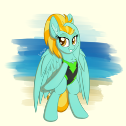 Size: 1900x1900 | Tagged: safe, artist:litrojia, lightning dust, pegasus, pony, abstract background, beach, bipedal, chest fluff, clothes, ear fluff, female, fluffy, lidded eyes, looking at you, mare, one-piece swimsuit, smiling, solo, swimsuit, water