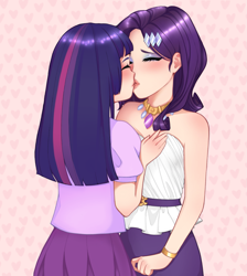 Size: 1833x2048 | Tagged: safe, artist:haharii, derpibooru import, rarity, twilight sparkle, human, abstract background, bare shoulders, belt, clothes, dress, duo, duo female, eyeshadow, female, hairclip, humanized, jewelry, kissing, kotobukiya, kotobukiya rarity, kotobukiya twilight sparkle, lesbian, makeup, necklace, rarilight, shipping, shirt, skirt, sleeveless, strapless