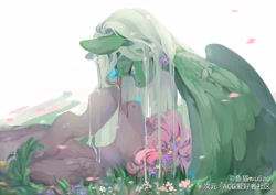 Size: 3508x2480 | Tagged: safe, artist:小huhu狸君呀, oc, oc only, pegasus, pony, flower, grass, looking down, lying down