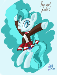 Size: 1044x1364 | Tagged: safe, artist:notadeliciouspotato, lighthoof, earth pony, pony, abstract background, bipedal, cheerleader, cheerleader outfit, clothes, female, mare, open mouth, pleated skirt, raised hoof, signature, skirt, smiling, solo, talking