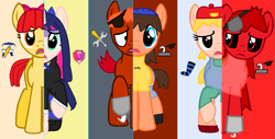 Size: 1411x718 | Tagged: safe, apple bloom, pony, anarchy stocking, base used, crossover, five nights at freddy's, five nights at pinkie's (my version), foxy, jeffy, lana loud, movieunleashers, panty and stocking with garterbelt, ponified, supermariologan, swapped cutie marks, the loud house, what my cutie mark is telling me, zalgo "foxy" pagie