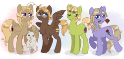 Size: 1283x615 | Tagged: safe, artist:daxratchet, bear, pegasus, pony, unicorn, flower in mouth, glasses, hetalia, hug, one eye closed, paws, ponified, raised hoof, rose, rose in mouth, sitting, smiling, underpaw, winghug, wink