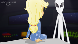 Size: 8000x4500 | Tagged: safe, artist:metalhead97, applejack, alien, comic:applejack gets anal probed, equestria girls, applebutt, butt, clothes, comic, commission, crossover, dark, messy hair, pajamas, ponytail, show accurate, sitting, south park, spaceship, this will end in probing