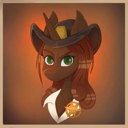 Size: 437x437 | Tagged: safe, oc, oc:tarnish star, pony, unicorn, fallout equestria, fallout equestria: falling stars, badge, brown fur, commissioner:tarnish, female, green eyes, hat, horn, justice mare, lawbringer, mare, sheriff tarnish star, sheriff's badge, solo, unicorn oc