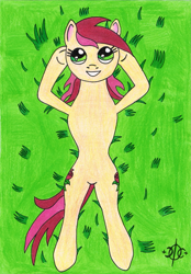 Size: 1149x1654 | Tagged: safe, artist:assertiveshypony, roseluck, earth pony, pony, female, grassfield, hooves behind head, lying, smiling, solo, traditional art