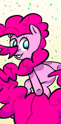 Size: 1280x2572 | Tagged: safe, artist:saltycube, derpibooru import, pinkie pie, earth pony, pony, blue eyes, confetti, cute, simple background, smiling, solo