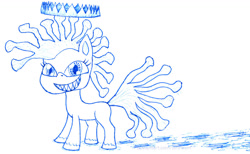 Size: 1300x801 | Tagged: safe, artist:umneem, oc, oc only, oc:corona chan, my little pony: pony life, coronavirus, covid-19, crown, female, jewelry, lineart, mare, monochrome, regalia, sharp teeth, smiling, teeth