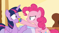Size: 1600x900 | Tagged: safe, derpibooru import, edit, edited screencap, screencap, pinkie pie, twilight sparkle, twilight sparkle (alicorn), alicorn, earth pony, pony, spoiler:cakes for the memories, spoiler:mlp friendship is forever, angry, bipedal, cakes for the memories, context is for the weak, hoof in mouth, rainbow cupcake, shoving, watermark