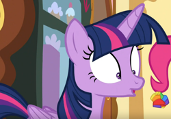 Size: 1218x850 | Tagged: safe, derpibooru import, edit, edited screencap, screencap, pinkie pie, twilight sparkle, twilight sparkle (alicorn), alicorn, earth pony, pony, spoiler:cakes for the memories, spoiler:mlp friendship is forever, cakes for the memories, cropped, rainbow colors, spitting, surprised