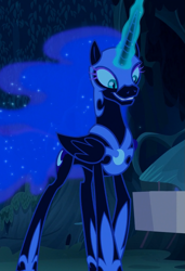 Size: 731x1069 | Tagged: safe, screencap, nightmare moon, alicorn, pony, the cutie re-mark, cropped, ethereal mane, female, glowing horn, horn, long legs, looking down, mare, night, smiling