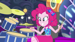 Size: 1920x1080 | Tagged: safe, screencap, pinkie pie, better together, equestria girls, spring breakdown, all good (song), bow, clothes, cloud, collar, dress, drums, drumsticks, female, geode of sugar bombs, hair bow, heart, magical geodes, midriff, musical instrument, sitting, skirt, sleeveless, smiling, solo, stage, stereo