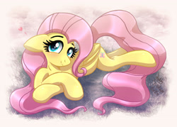 Size: 4297x3081 | Tagged: safe, artist:joakaha, derpibooru import, fluttershy, pegasus, pony, blushing, crossed hooves, cute, digital art, female, floppy ears, heart, looking at you, mare, shyabetes, smiling, solo