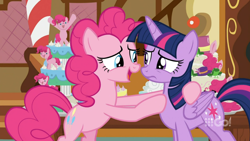 Size: 1600x900 | Tagged: safe, derpibooru import, screencap, pinkie pie, twilight sparkle, twilight sparkle (alicorn), alicorn, earth pony, pony, spoiler:cakes for the memories, spoiler:mlp friendship is forever, bipedal, cake, cakes for the memories, food, happy, holding a pony, hoof on chest, smiling, sugarcube corner, watermark