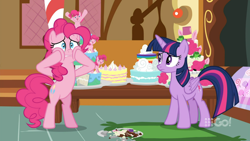 Size: 1600x900 | Tagged: safe, derpibooru import, screencap, pinkie pie, twilight sparkle, twilight sparkle (alicorn), alicorn, earth pony, pony, spoiler:cakes for the memories, spoiler:mlp friendship is forever, bipedal, broken, cake, cakes for the memories, faic, food, mess, plate, rug, shattered, standing, sugarcube corner, table, watermark, worried