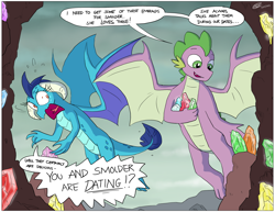 Size: 3300x2550 | Tagged: safe, artist:loreto-arts, princess ember, spike, dragon, commission, dragoness, duo, female, flying, gem, implied shipping, implied smolder, implied spolder, implied straight, male, older, older spike, speech bubble, winged spike