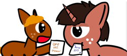 Size: 691x305 | Tagged: safe, artist:artdbait, oc, oc only, oc:lil-k, unicorn, brown fur, brown hair, excited, freckles, horn, orange hair, paper, request, unamused, writing