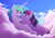 Size: 1280x905 | Tagged: safe, artist:akeahi, princess celestia, twilight sparkle, twilight sparkle (alicorn), alicorn, pony, cloud, eye contact, female, lesbian, looking at each other, mare, on back, on top, shipping, smiling, smiling at each other, twilestia