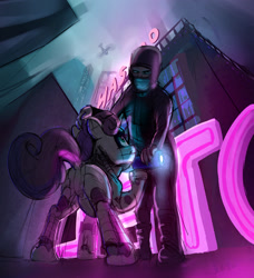 Size: 2623x2877 | Tagged: safe, artist:xbi, sweetie belle, sweetie bot, human, pony, robot, robot pony, unicorn, city, cityscape, cyberpunk, duo, tabun art-battle finished after