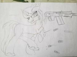 Size: 631x473 | Tagged: safe, artist:straighttothepointstudio, oc, oc only, oc:emination harvest, pony, angry, armor, black and white, bullet, bullet hole, fluffy, grayscale, gun, long tail, monochrome, saiga 12k, shotgun, shotgun shell, solo, traditional art, weapon