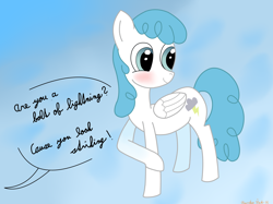 Size: 4032x3016 | Tagged: safe, artist:rainbowšpekgs, lightning bolt, white lightning, pegasus, pony, cute, female, pick up line, pun, simple background, smiling, solo, speech bubble, standing, wings