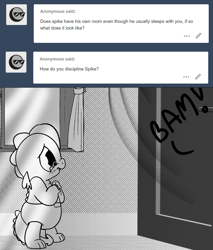 Size: 896x1050 | Tagged: safe, artist:mamatwilightsparkle, spike, twilight sparkle, dragon, abuse, baby, baby spike, comic, crying, curtains, diaper, door slam, implied twilight sparkle, mama twilight, mama twilight sparkle, monochrome, offscreen character, spikeabuse, time out, tumblr, window, younger