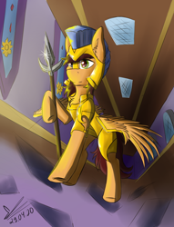 Size: 980x1280 | Tagged: safe, artist:yuris, oc, oc only, pony, armor, canterlot, castle, guard, solo, spear, weapon