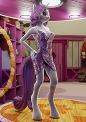 Size: 686x962 | Tagged: safe, artist:stellarator, sweetie belle, anthro, unguligrade anthro, unicorn, comic:after hours at carousel boutique part 2, 3d, armpits, blender, breasts, carousel boutique, clothes, cycles, dress, not sfm, sequins