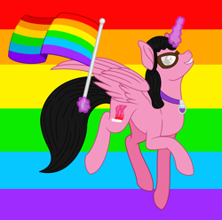 Size: 2537x2521 | Tagged: safe, artist:8-bitspider, artist:elementbases, artist:user15432, oc, oc:aaliyah, alicorn, pony, aaliyah, amulet, barely pony related, base used, flag, flag pole, flag waving, gay pride, gay pride flag, glasses, glow, glowing horn, horn, jewelry, necklace, ponified, pride, pride flag, pride month, rainbow, rainbow flag