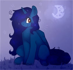 Size: 1024x981 | Tagged: safe, artist:rockruffian, oc, oc only, oc:midnight, alicorn, pony, alicorn oc, crescent moon, evening, female, mare, moon, night, prone, raffle prize, smiling, solo