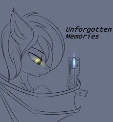 Size: 2777x3000 | Tagged: safe, artist:snowstormbat, oc, oc:midnight snowstorm, bat pony, destiny (game), glowing eyes, gun, halo, looking down, male, simple background, sketch, solo, stallion, text, weapon