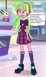 Size: 375x624 | Tagged: safe, edit, edited screencap, editor:thomasfan45, screencap, lemon zest, human, dance magic, equestria girls, spoiler:eqg specials, 1000 hours in ms paint, blouse, bow, canterlot mall, clothes, cropped, crystal prep academy uniform, description is relevant, female, headphones, hypno eyes, hypnosis, hypnotized, implied zephyr breeze, kneesocks, male, offscreen character, offscreen male, open mouth, pendulum swing, pocket watch, request, school uniform, shoes, skirt, smiling, socks, solo, speech bubble, story included, trance