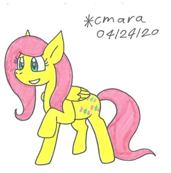 Size: 882x894 | Tagged: safe, artist:cmara, derpibooru import, fluttershy, pegasus, pony, cute, female, happy, mare, raised hoof, shyabetes, solo, traditional art