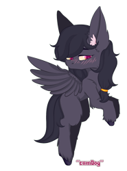 Size: 1920x2600 | Tagged: safe, artist:~cumdog~, oc, oc only, oc:mir, pegasus, big ears, blushing, cell shaded, commission, ear fluff, female, flying, hair tie, leg fluff, missing cutie mark, simple background, spread wings, transparent background, wings, ych result