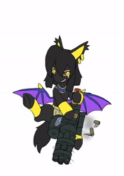 Size: 1451x2048 | Tagged: safe, artist:omegapony16, oc, oc only, oc:oriponi, bat pony, pony, bat pony oc, bat wings, bracelet, ear piercing, earring, female, flying, grin, gun, jewelry, mare, piercing, smiling, solo, underhoof, weapon, wings