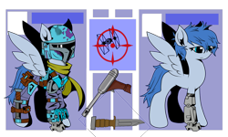 Size: 3452x2071 | Tagged: safe, artist:j053ph-d4n13l, oc, oc only, oc:night-flight, cyborg, pegasus, pony, amputee, armor, belt, blaster, clothes, crossover, female, gun, handgun, helmet, knife, mandalorian, mare, pistol, pouch, prosthetic limb, prosthetics, reference sheet, scarf, simple background, solo, star wars, transparent background