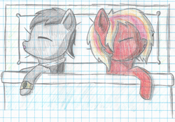 Size: 3358x2348 | Tagged: safe, artist:mlplayer dudez, oc, oc only, oc:silver wing, oc:sky flare, pegasus, pony, artifact, bed, bracelet, cel shading, clothes, duo, eyes closed, fanfic, fanfic art, female, graph paper, happy, jacket, jewelry, male, mare, shading, sleeping, snoring, stallion, traditional art