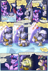 Size: 2160x3168 | Tagged: safe, artist:firefanatic, discord, twilight sparkle, twilight sparkle (alicorn), zecora, alicorn, draconequus, pony, zebra, comic:friendship management, blindfold, comic, cup, dialogue, glowing eyes, shrug, teacup, what is hoo-man