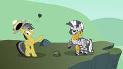 Size: 1920x1080 | Tagged: safe, artist:dashin-stallion, daring do, zecora, pony, spider, zebra, derp, missing accessory, rock