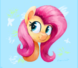 Size: 3100x2700 | Tagged: safe, artist:aemantaslim, derpibooru import, fluttershy, pegasus, pony, blue background, bust, cute, female, high res, mare, portrait, shyabetes, simple background, solo